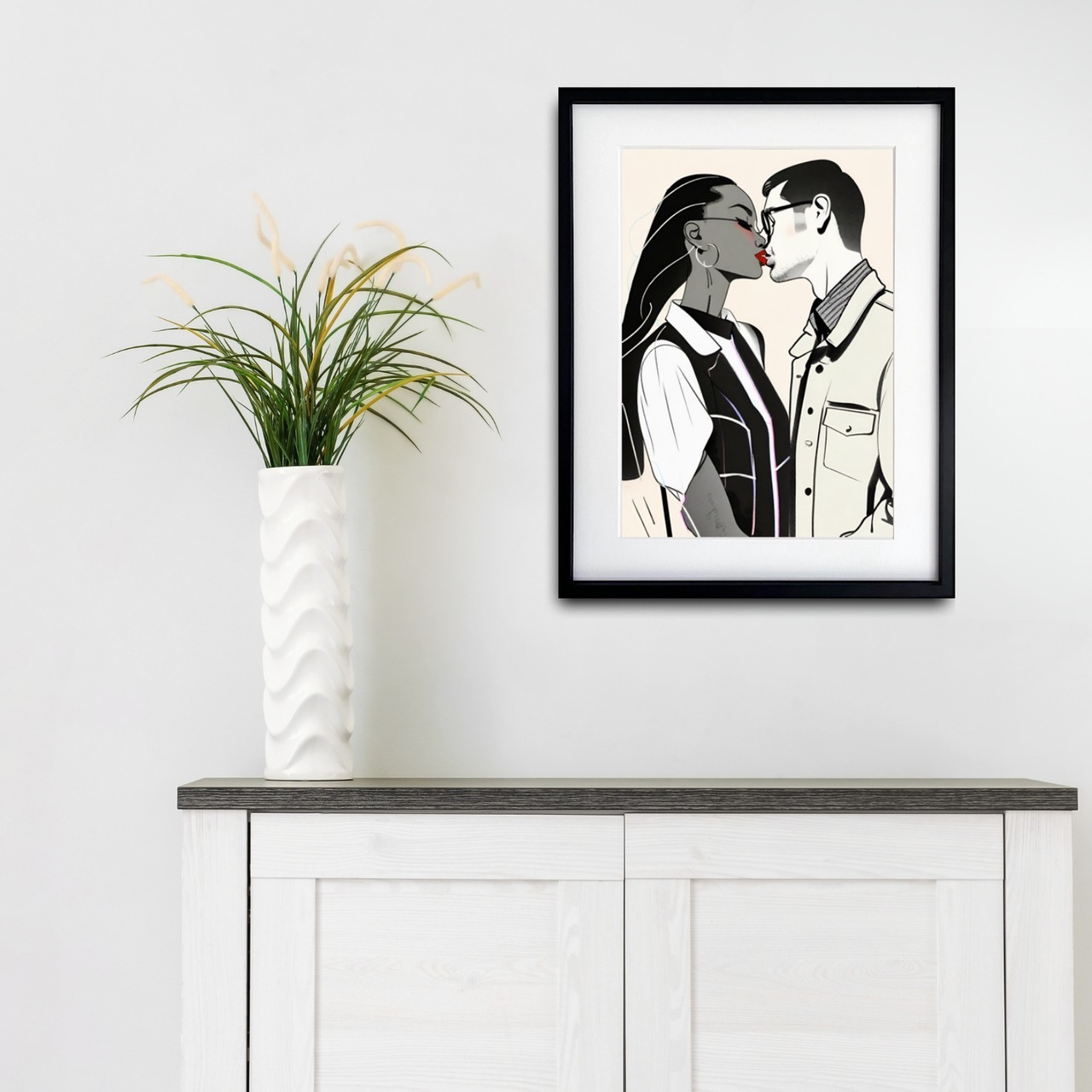 people to people｜キスで愛を表現する抽象コンテンポラリーアート｜恋人・夫婦に贈る額縁付きオシャレポスターA3ポスター