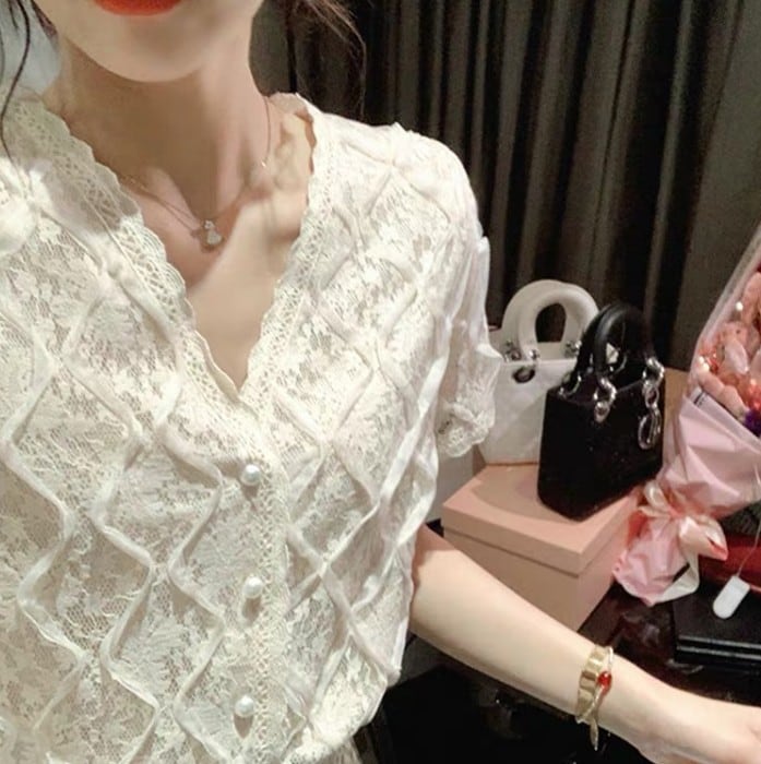 韓国ファッション 2021年春夏新作 レース付きシャツ カーディガン エレガント