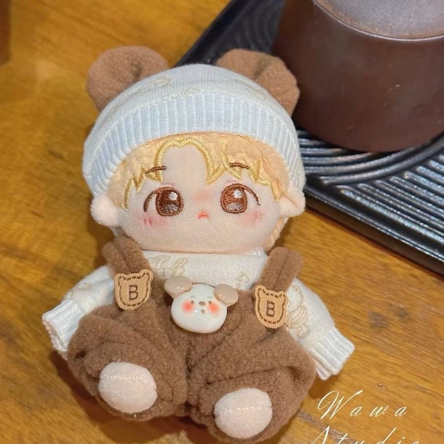 ぬい服 10cm くま耳のホワイトオーバーオール服 ニット帽 ぬいぐるみ