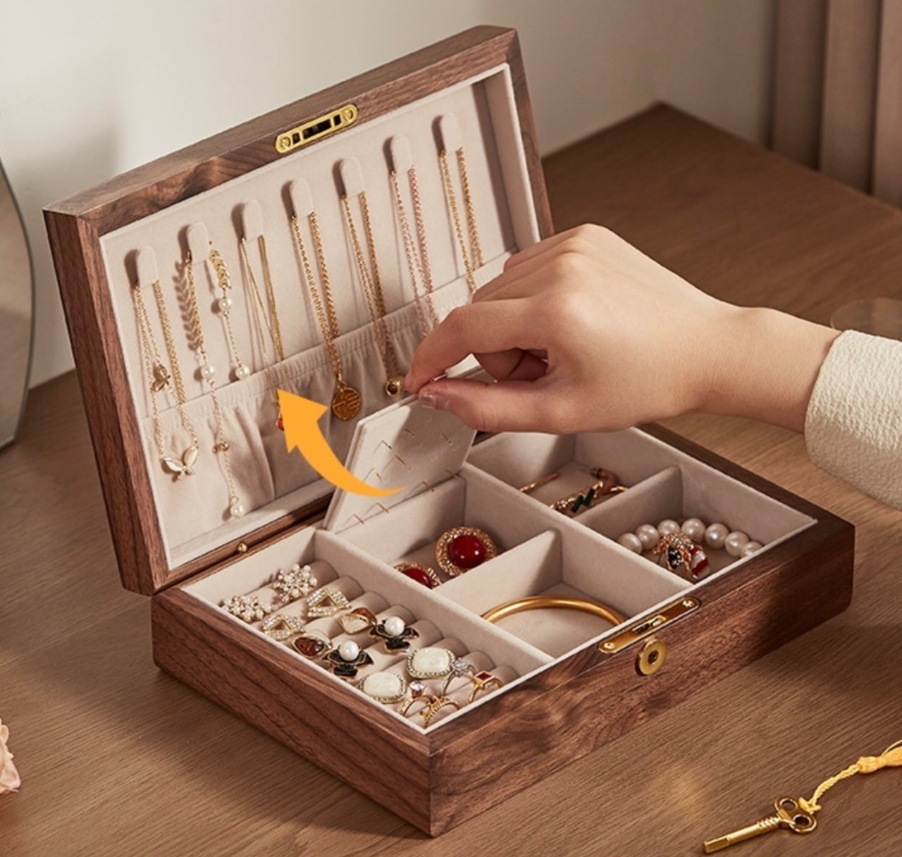 ウォールナット無垢調 ジュエリーボックス 鍵付き｜ネックレス・指輪・ピアス収納 木製アクセサリーケース