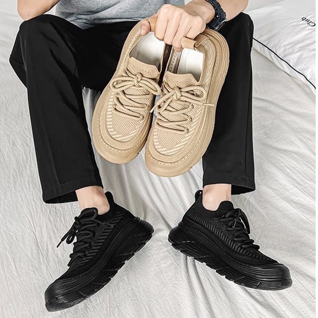 【予約販売】スニーカー 韓国 メンズ メッシュ ゴツ底 厚底 靴 ベージュ ブラック 黒 オールブラック デザイン お洒落 カジュアル ストリート シック 通勤 24cm/24.5cm/25cm/25.5cm/26cm/26.5cm/27cm