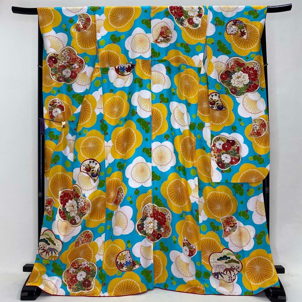 振袖 中古 水色 黄色 桜 正絹 美品 幅広 大きい Lサイズ 成人式 古典 裄68.7cm 身丈170.5cm 2619
