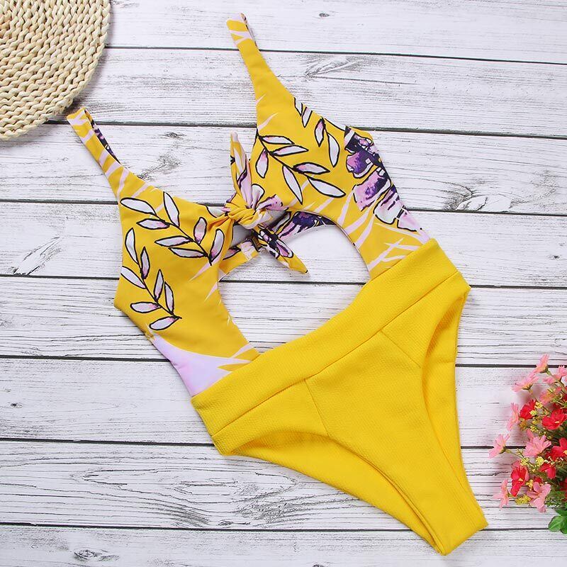 送料無料 ZrtakBowイエローワンピース水着フローラルホローアウト水着