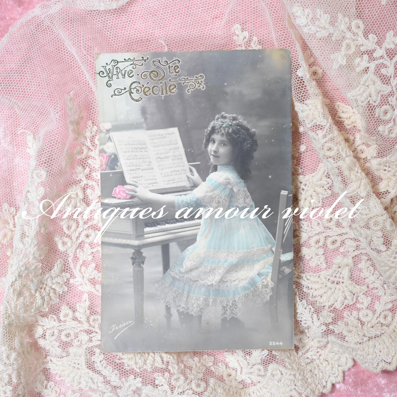Antique postcard 百合の花を手にする妖精の少女 France P215