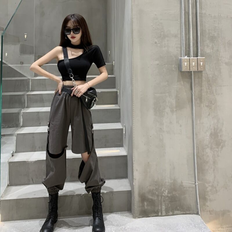 巾着カジュアルスーツパンツ女性の夏のストレートルーズルーズ取り外し可能なズボン2020新しい薄いハイウエストパンツ ブラックストロベリース72761317895