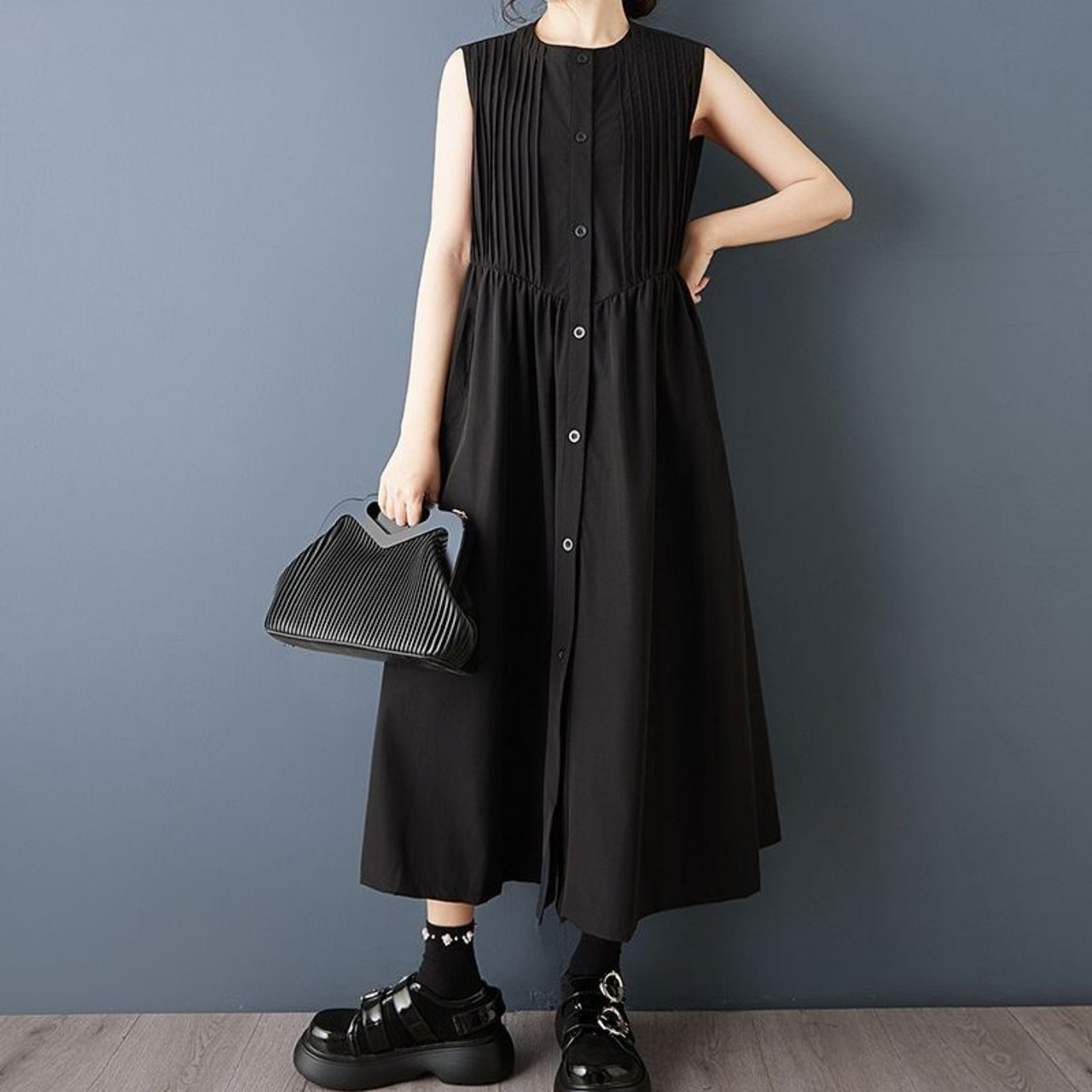 プリーツ入り ノースリーブ ワンピース  30219