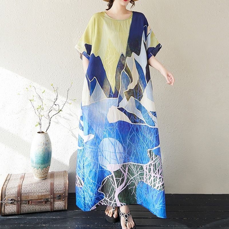 PRINT BOAT NECK HALF SLEEVES MAXI PULLOVER DRESS 1color M-13176