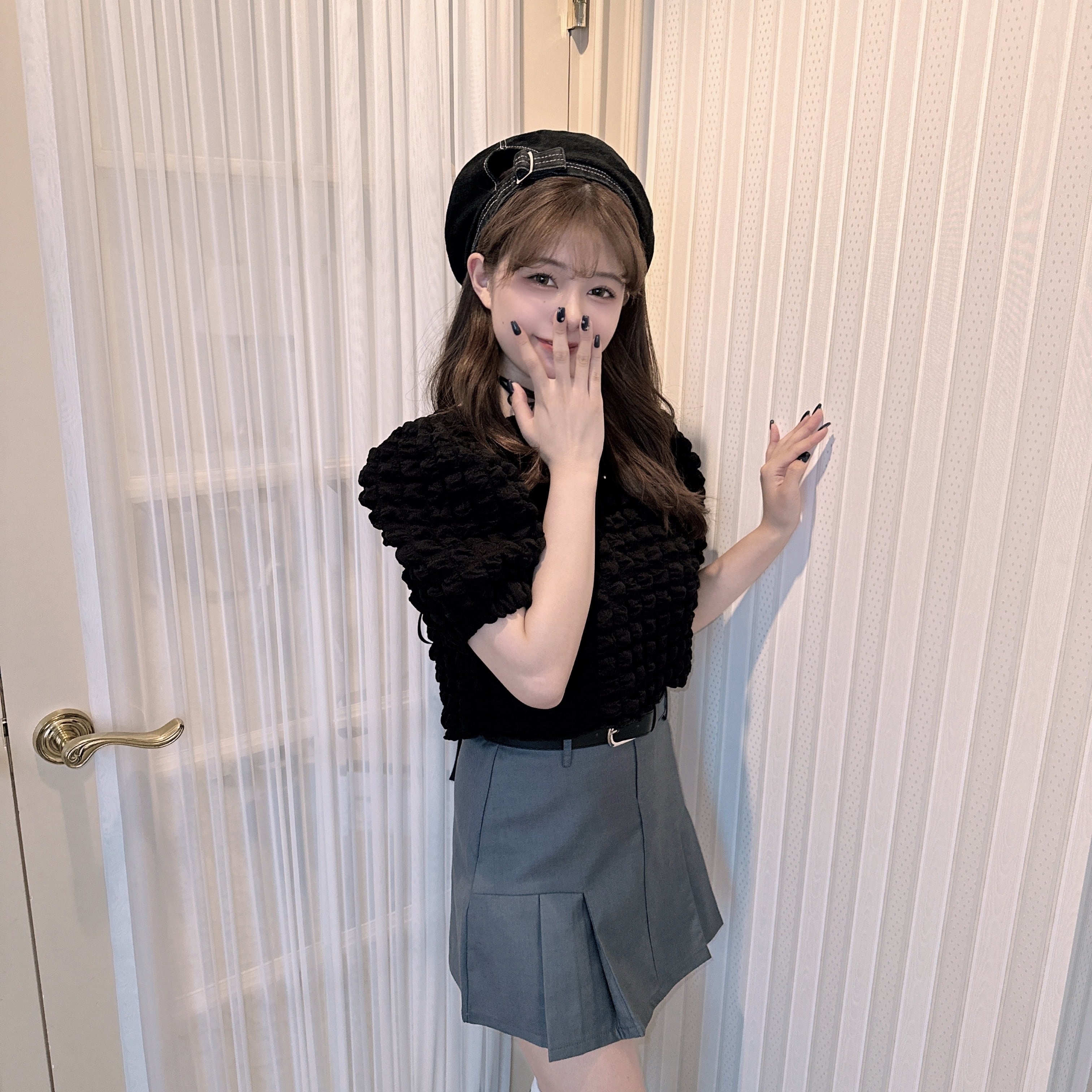 【LAST2】tuck pleats belt skirt-BROWN