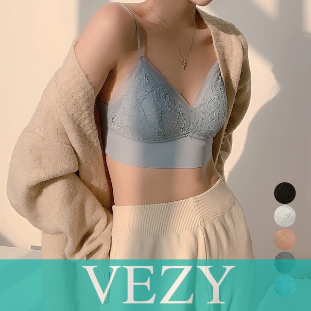 冷感タッチブラトップレディースレース下着 レースブラジャー ノンワイヤー単品ブラ 大人女性 ワイヤレス キャミブラ 快適インナー Vネック 	美胸ランジェリー 春 下着 アンダーウェア ベジー VEZY ItemNo.【18950612 】