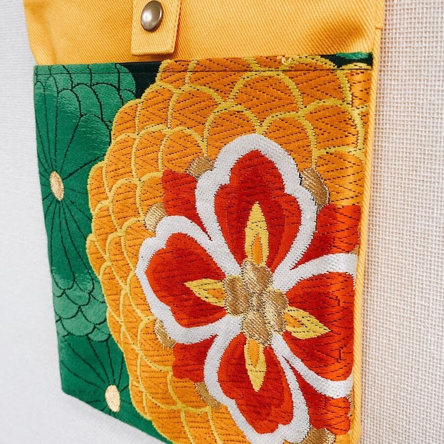 帯ショルダー 黄×袋帯 菊花 着物帯リメイク 日月堂オリジナル