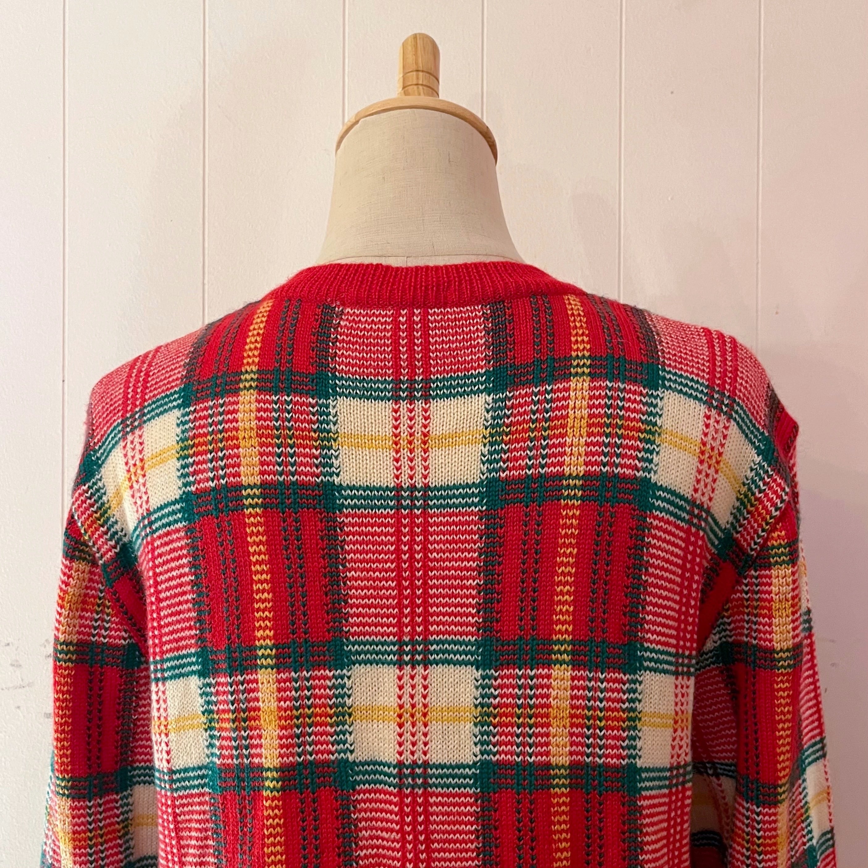 red green check knit cardigan