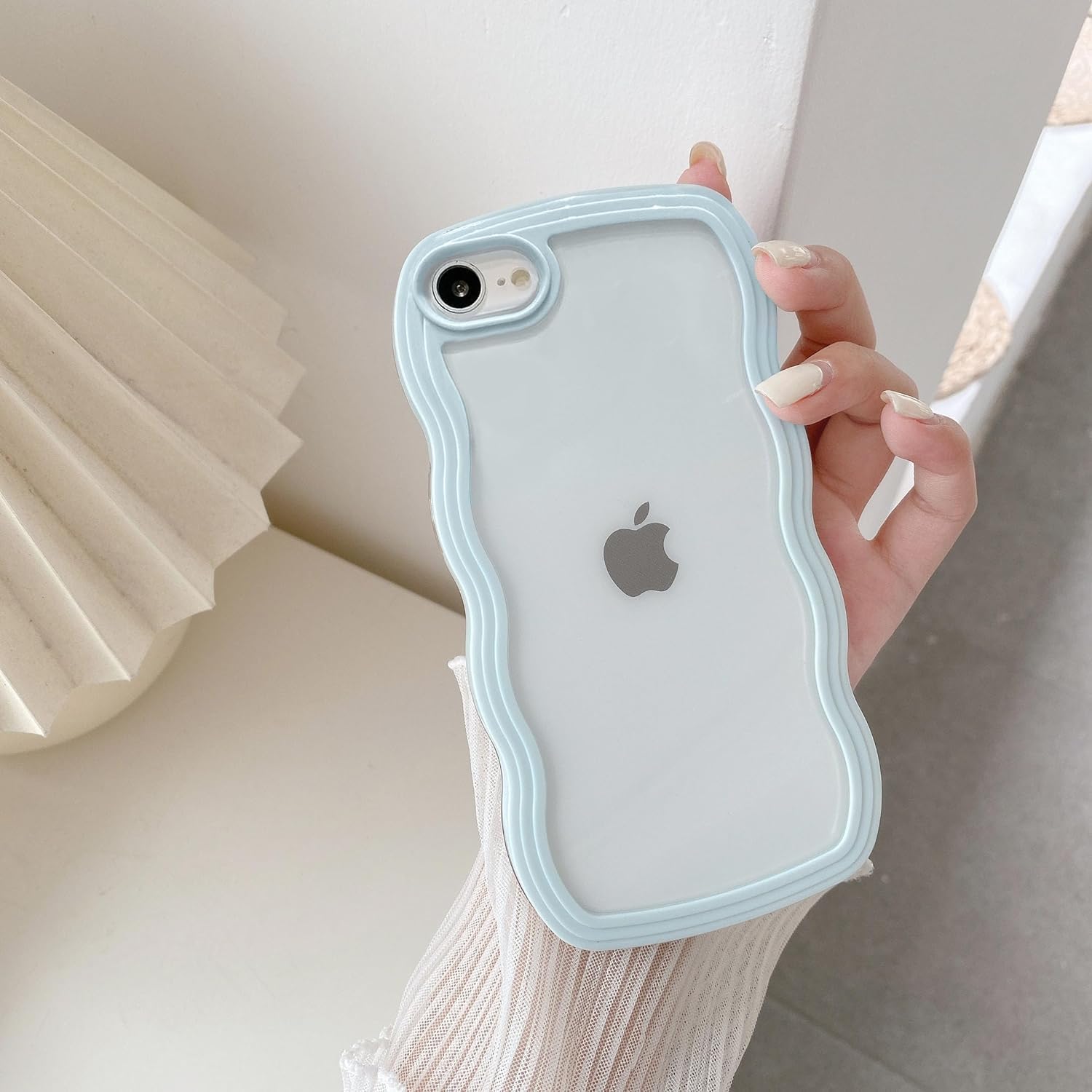 と互換性がある iPhone SE3 用 ケース 韓国 おしゃれ シンプル 波状エッジ 透明 2in1 あいふぉん7/8/SE/SE2 創意 個性 超軽量 薄型 スマホケース 指紋防止 擦り傷防止 全面保護 耐衝撃 衝撃吸収 携帯カバー ライトブルー