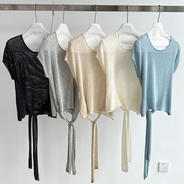 waist ribbon design sheer Knit top L0482