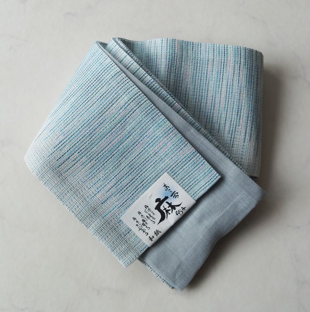 【半幅帯】ブルーパープル系　横段縞柄　麻半幅帯　No.240821㉖