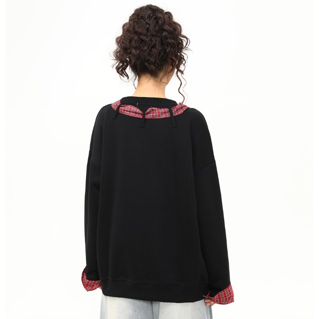 checked ribbon design loose sweatshirt　チェック柄リボンデザインルーズスウェットシャツ　J1526