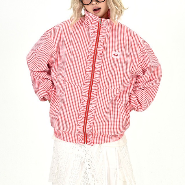 red windowpane frill jacket　レッドウィンドウペンフリルジャケット　J1393