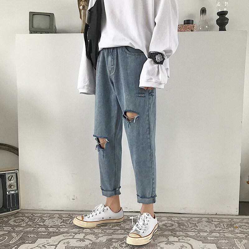 全1色 デニム パンツ ストレート カジュアル ダメージ おしゃれ