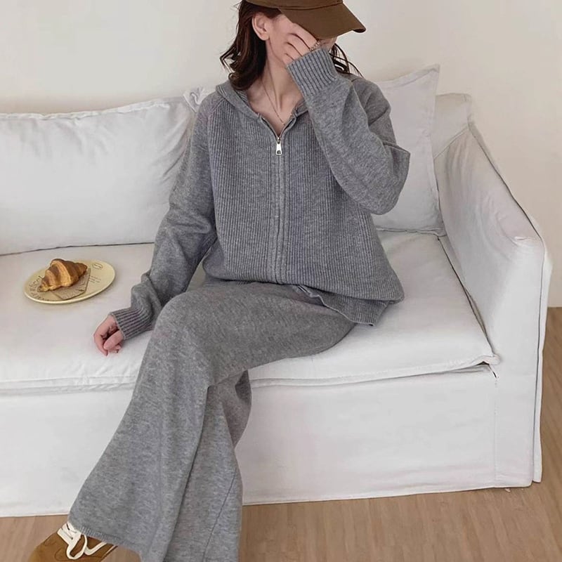 【set】フード付きWジップカーディガン×パンツセット Q6583