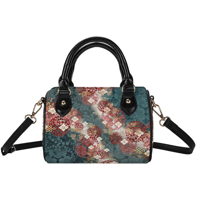 和紋様装飾　御召茶　ヴィーガンレザーミニボストンハンドバッグ