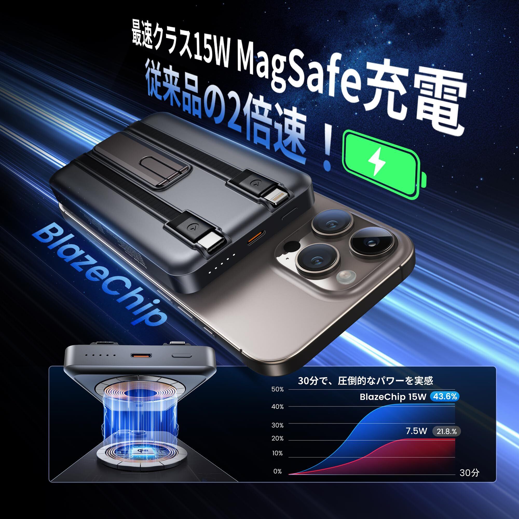 Magsafe対応モバイルバッテリー 16800mAh 大容量【ケーブル内蔵・4台