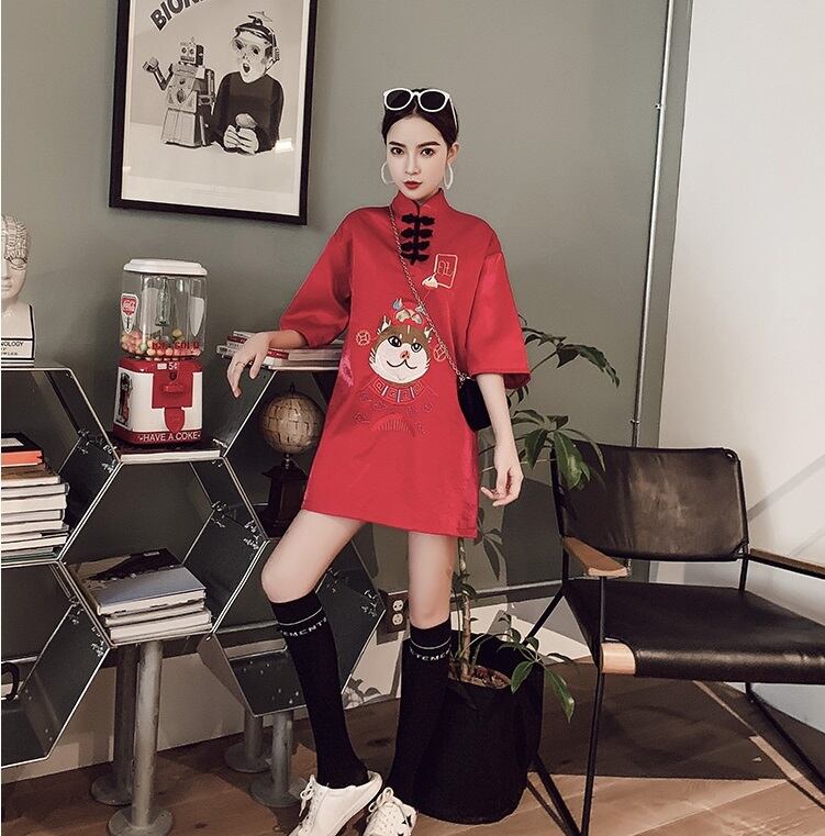 【5/8まで出品】ブラック 猫とバラ刺繍 半袖ワンピース チャイナ 5/8まで出品】ブラック 猫とバラ刺繍 半袖ワンピース チャイナ 楽天