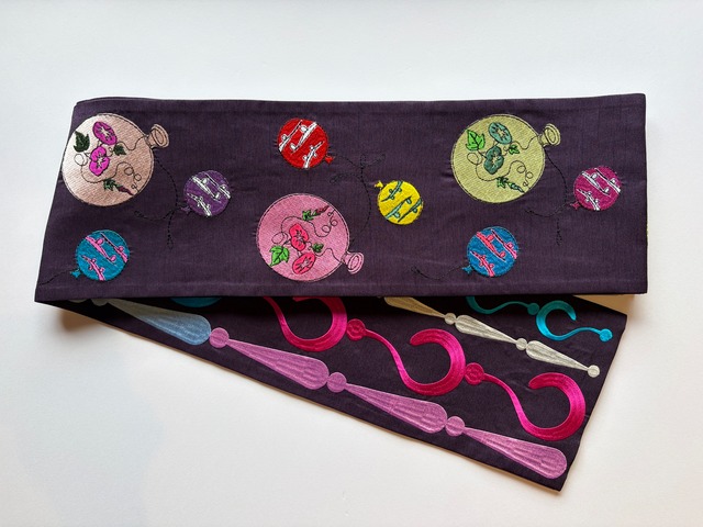 ULOCO 刺繍　半幅帯　紫　Hey!yo〜yo〜  ？
