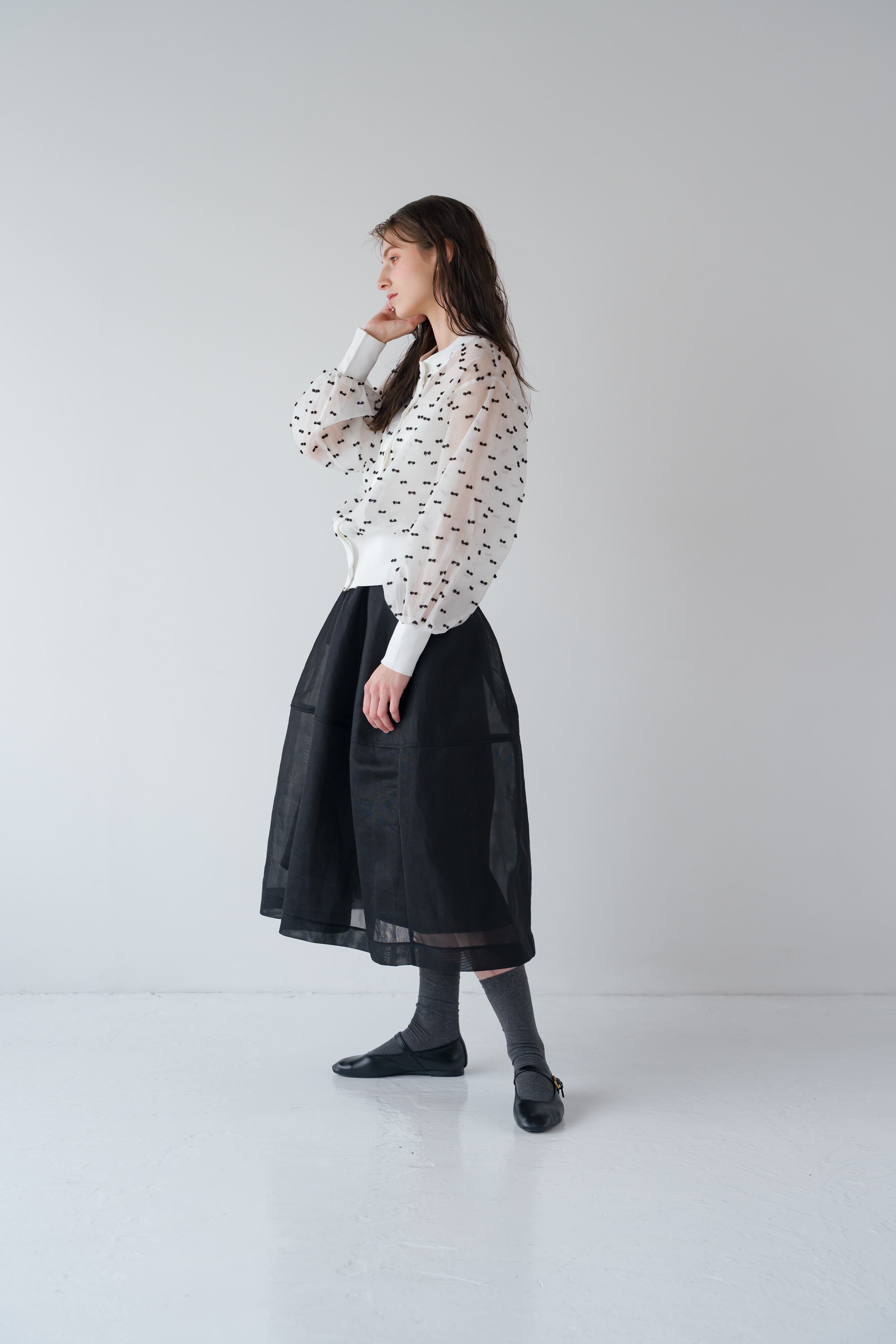 美品♡ MACHATT シアーダンボールドットスカート フレア ロング 黒 シアーダンボールスカート［70005］ | conforobe(コンフォローブ)