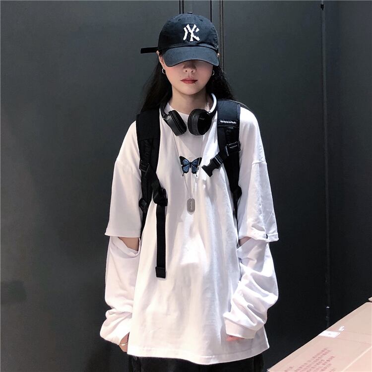 カジュアルTシャツ ルーズトップス レディーススタンダードButterflyデザイン 刺繍ソリッド カラーロング レトロ 長袖 ストリート かわいい ソリッドカラー ケッペル62923098870