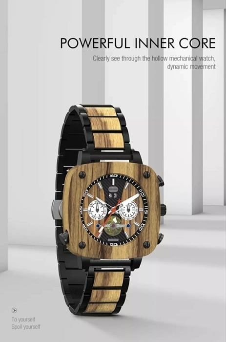 木製腕時計 メンズ スクエア型 QZ007モデル 自動巻き 天然木