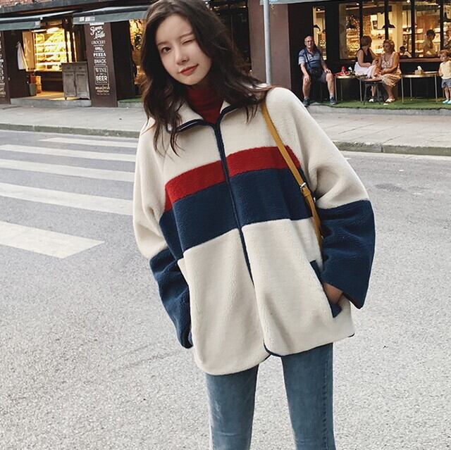 大きいサイズのレディース 大きいサイズ アウター 秋冬新作 レディース アウター冬レディース ボアジャケット ボアコート ボアコート フリースジャケット オーバーサイズ ビッグシルエット スタンドネック バイカラー 配色切り替え ボーダー スポーティー 白 黄色 P7037