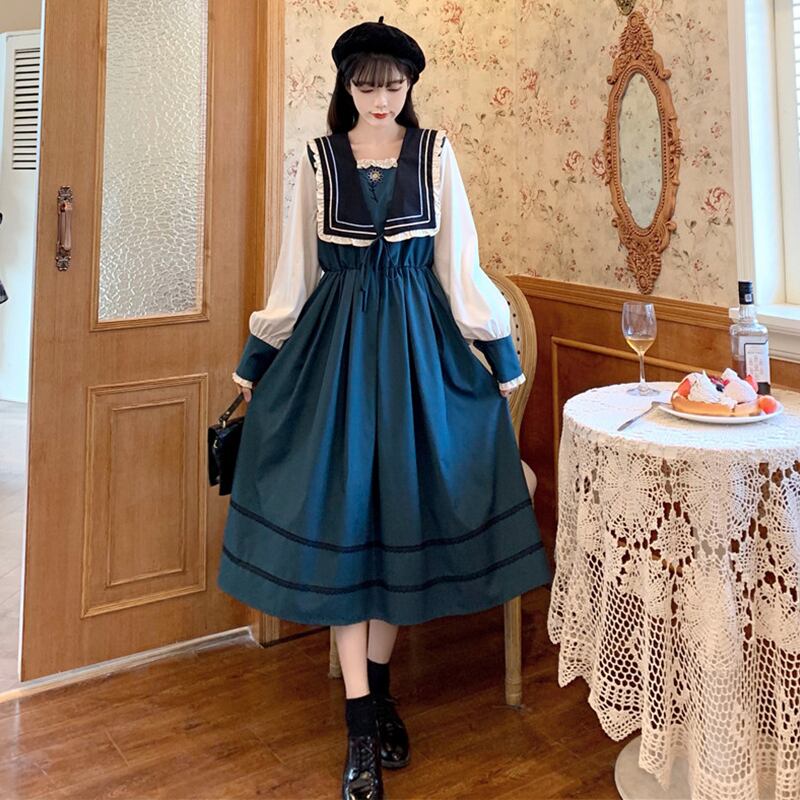 スタンダードドレス レディーススプリングスタイルネイビーカラーFlowerデザイン スカート レッド レトロ 刺繍 春物 フラワーデザイン 萌量不足73542797317