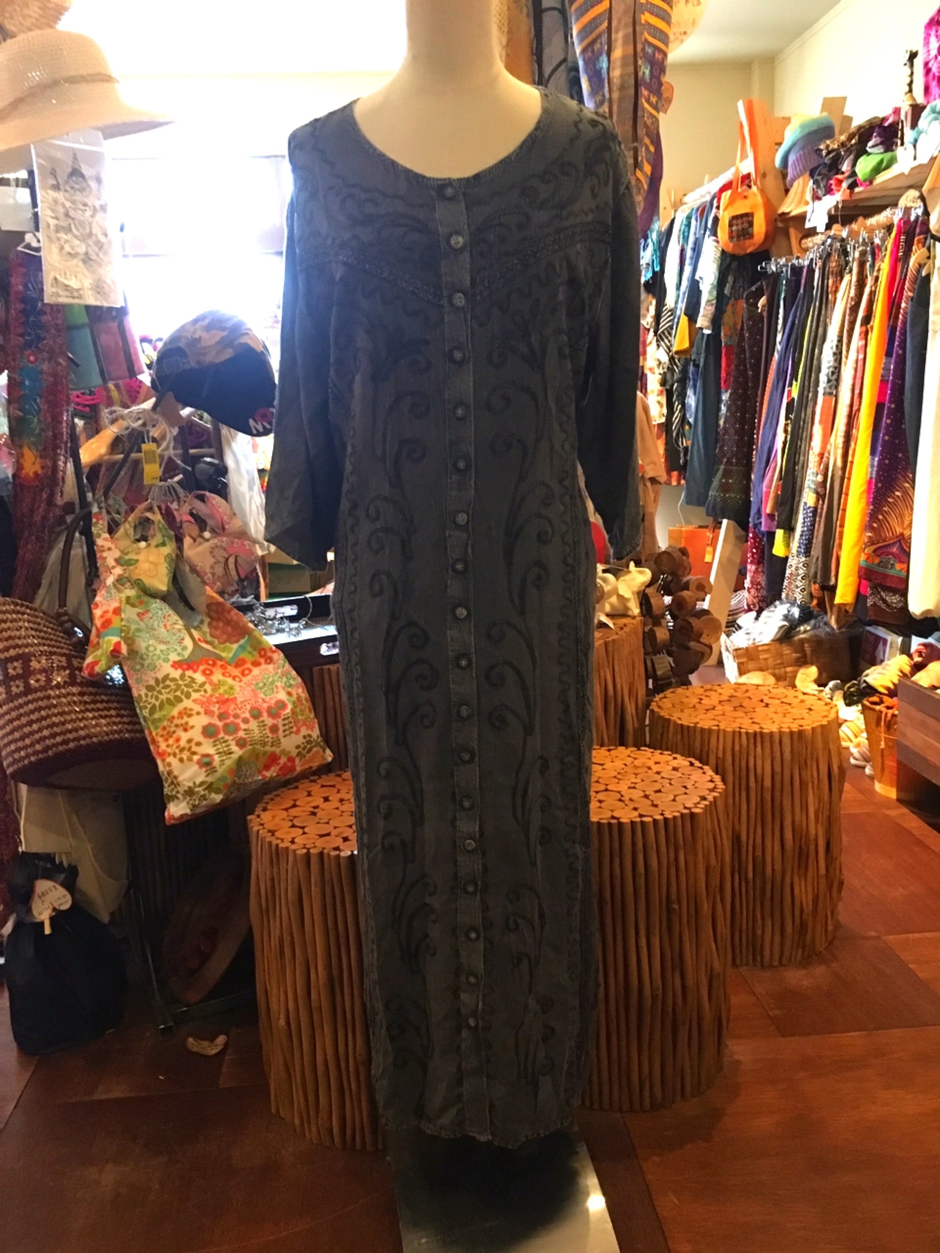 ワンピース 刺繍 七分袖 マキシ丈ワンピース アジアンワンピース チュニック ロングスカート エスニックファッション アジアンファッション ダークグレー アジアン雑貨no 245 アジアン雑貨 Asian Mrk
