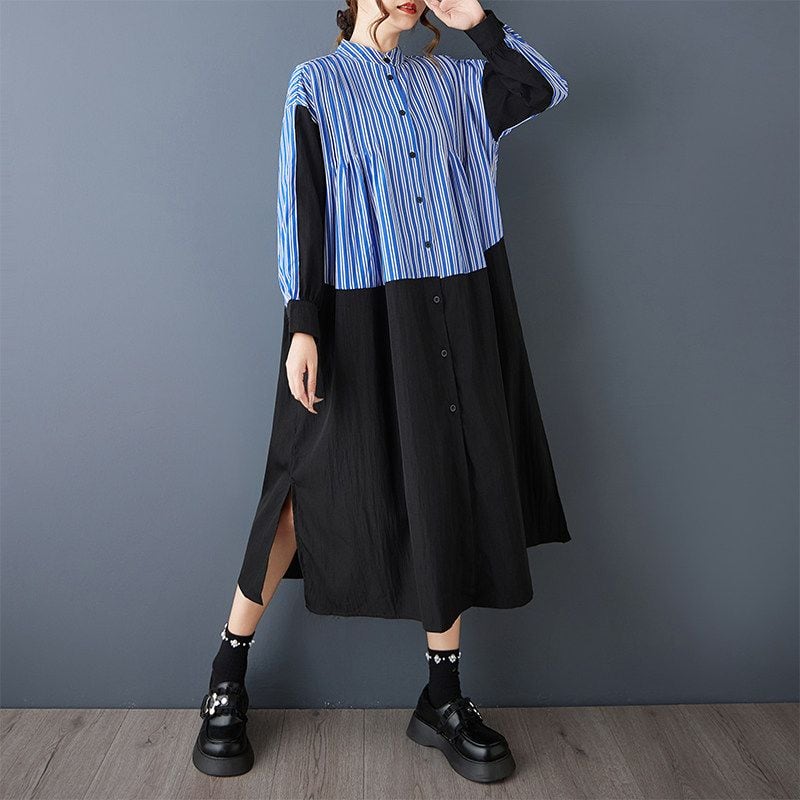 STRIPED CONTRAST PLEATED SLEEVE SHIRT DRESS M-18183