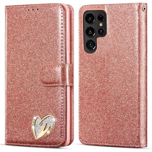 QLTYPRI Samsung Galaxy S22 Ultra ケース 手帳型 case ブックカバー 薄型 PUレザー TPU マグネット ハート カード収納 スタンド機能 財布型 携帯 スマホケース 全面保護 きらきら 全機種 充電対応 - ローズゴールド 1108