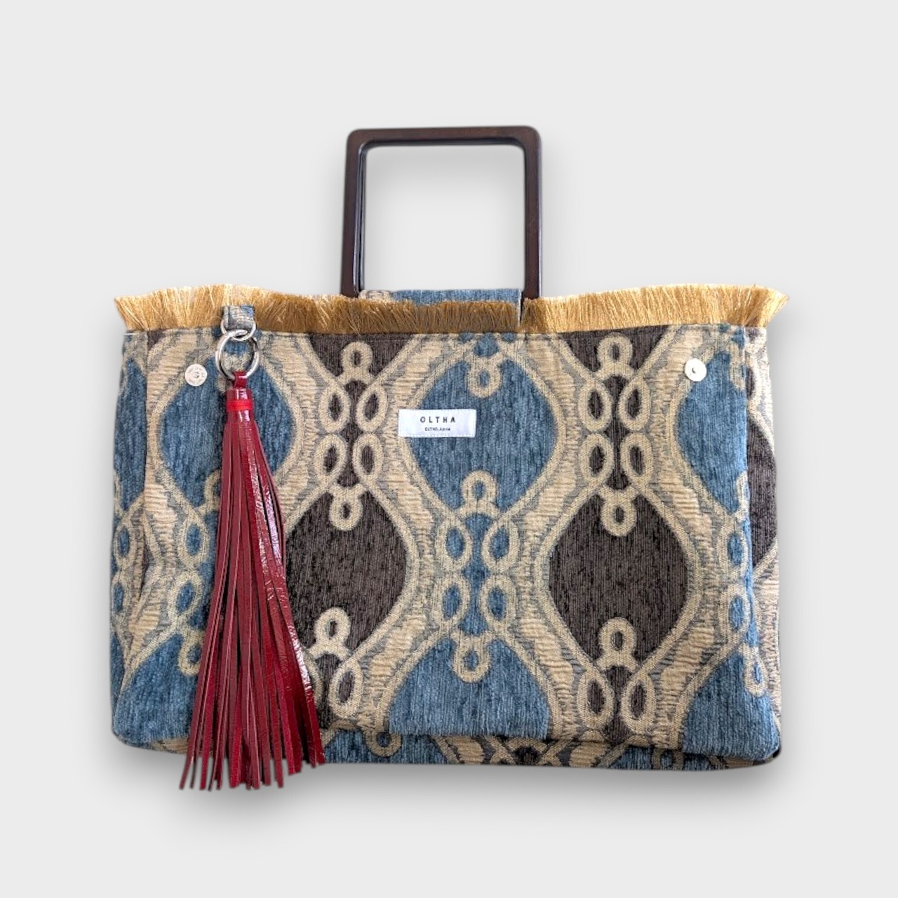 Convertible Bag with Leather Tassel / SkyBlue×Red