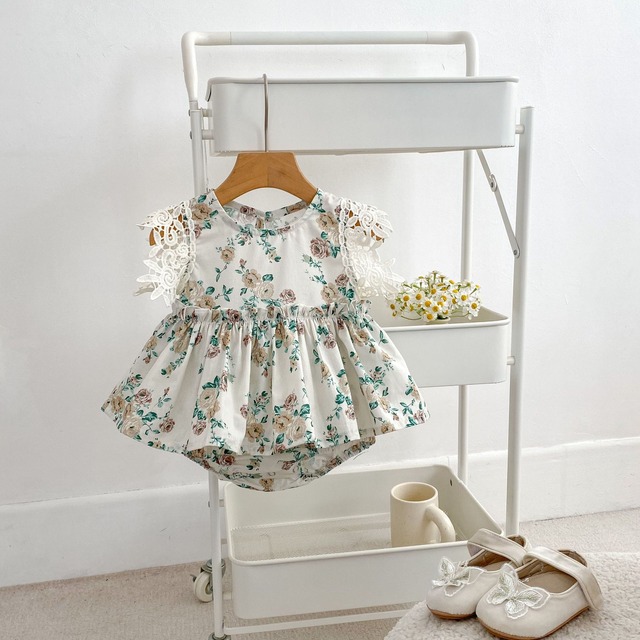 【BABY】ローズプリントレースフリル袖ワンピースロンパース - 4