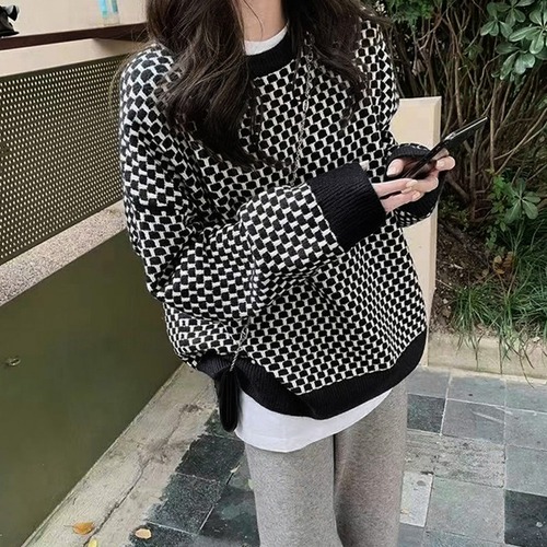 【ブロック柄ニット】トップス レトロ セーター プルオーバー ゆったり