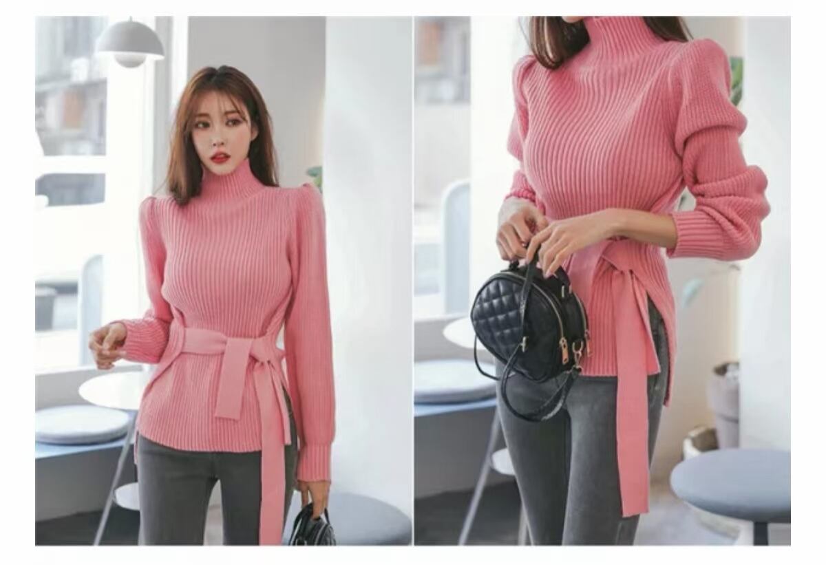 ウエストリボン付き　パワーショルダーニット　AJ1079-8068