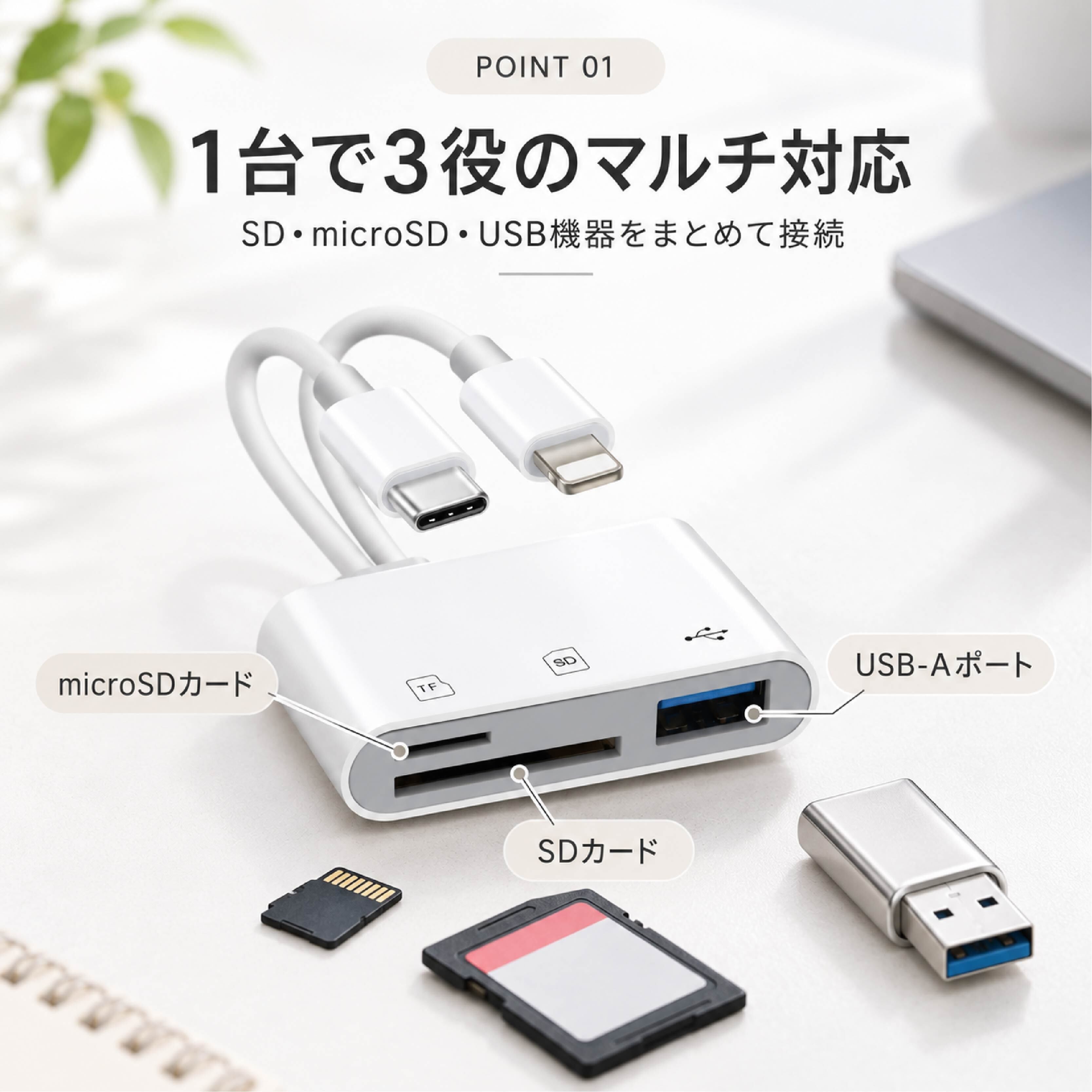 HY 1085 . 3in1カードリーダー SD microSD USB対応 iPhone iPad