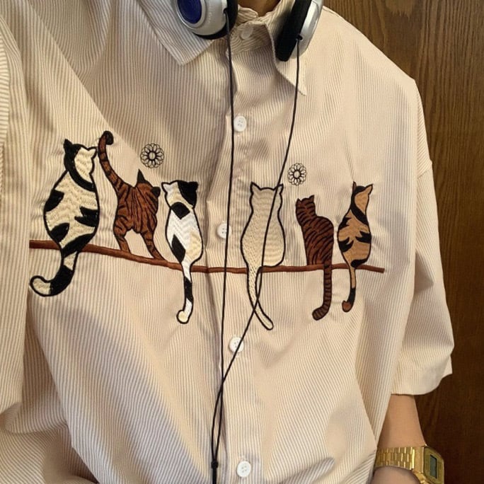 ねこ × 刺繍 】retro style cat embroidery design short sleeve ...