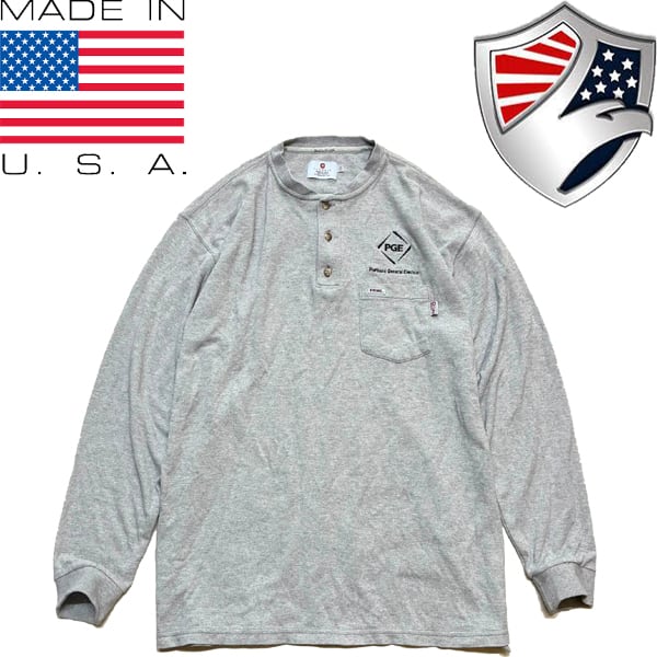 1点物◇USA製ヘンリーネックTYNDALEグレー長袖ロンTポケットTシャツ