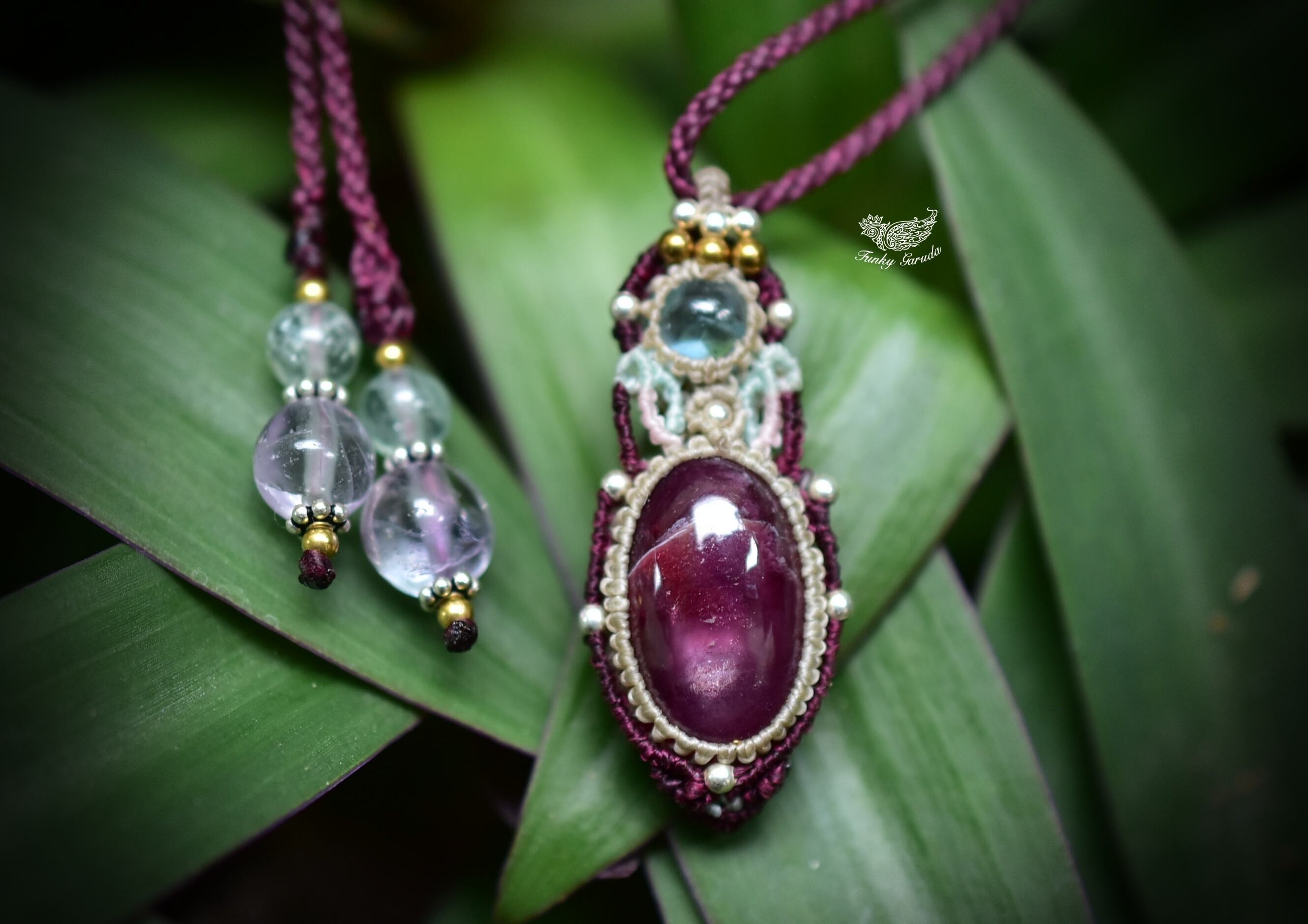 赤いシラー★高品質ルビー トルマリン マクラメペンダント35