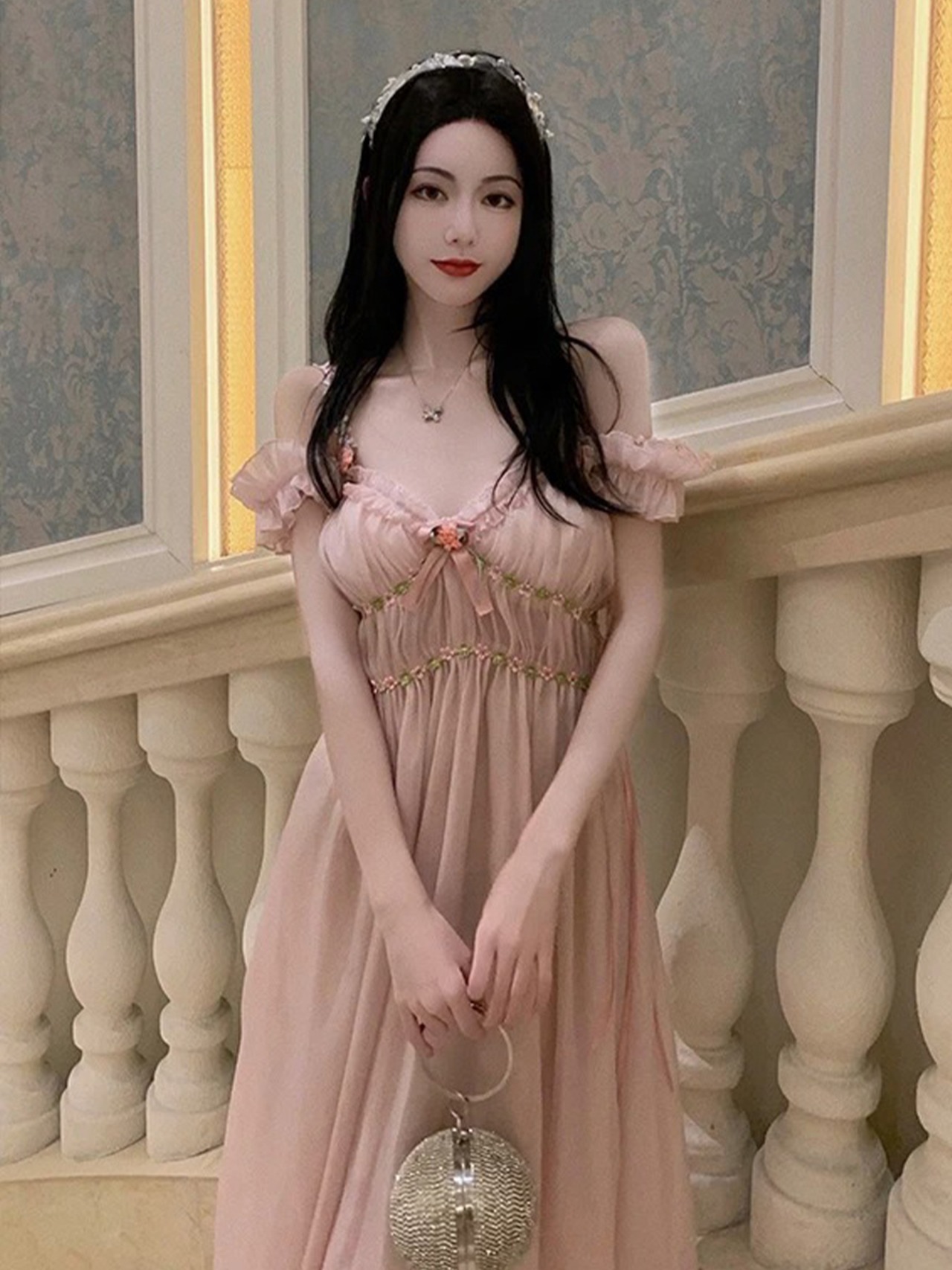 【0237】Pink Flower Shiffon Short Sleeve Dress