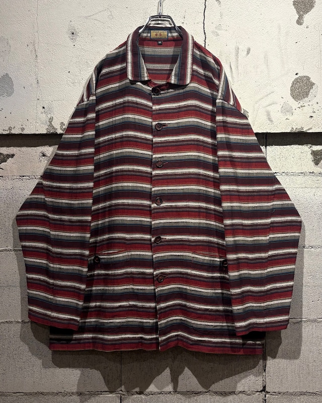 【Caka otto】Cotton × Linen Horizontal Stripe Design Vintage Loose Shirt Jacket