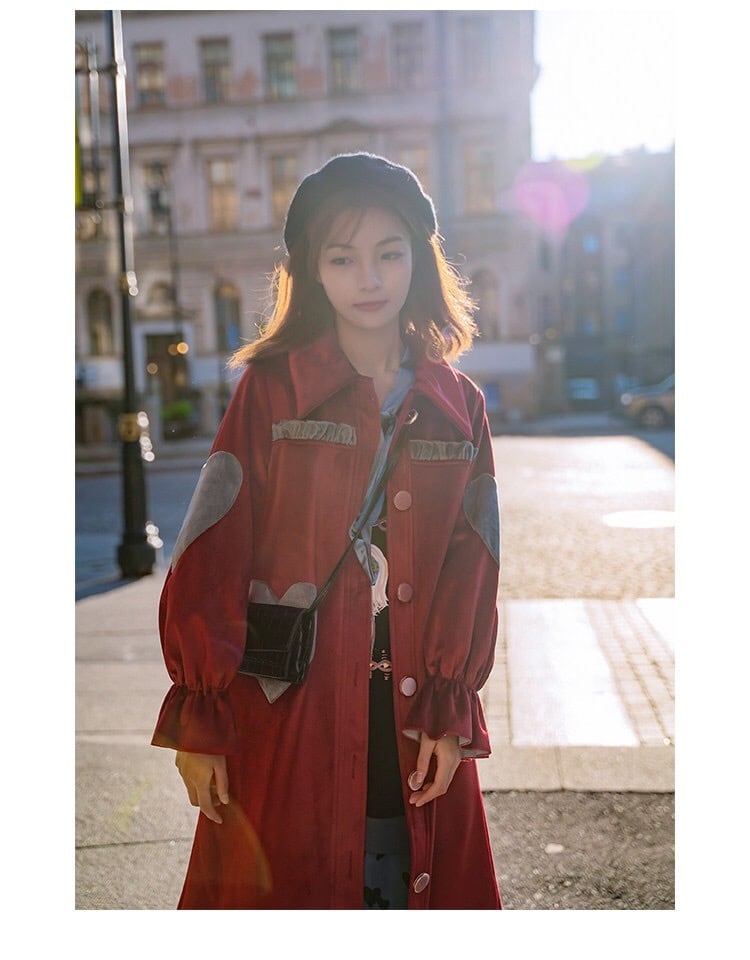 2カラー】ベルベット ロング コート ハート ワインレッド 赤 ポケット