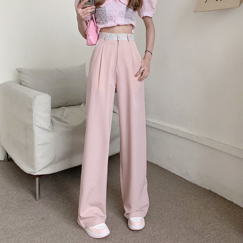 パンツ ルーズカジュアルスプリングオータムハイウェスト薄手 ピンク 春物 秋物 試着室39643749740