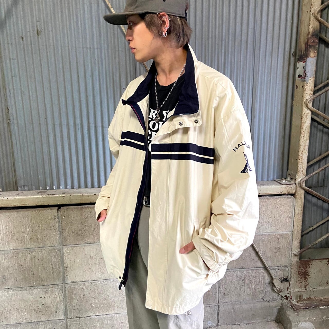 80s NAUTICA コットンジャケット ベージュ×ホワイト XL natur.com.uy