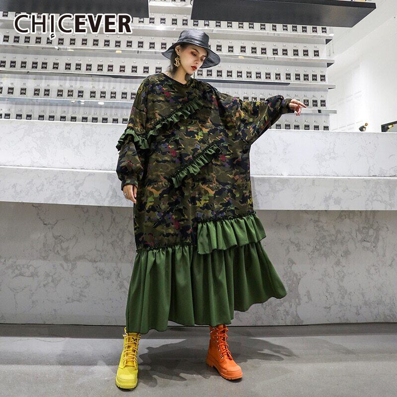 CHICEVERパッチワークヒットカラーレディースドレスOネックバットウィング長袖カモフラージュフリル裾ドレス2020 ロング 6base599837263377