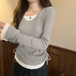 レイヤード風 リブニット 長袖 レディース 春秋 韓国 ニット トップス きれいめ 大人 カジュアル シンプル 配色 Uネック リブトップス 着回し インナー 大人可愛い 大人女子