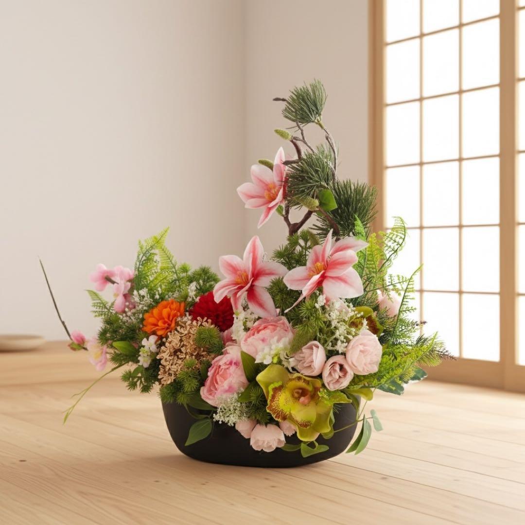 木蓮が咲き誇る オーバルモダンアレンジメント｜横長デザイン・光触媒